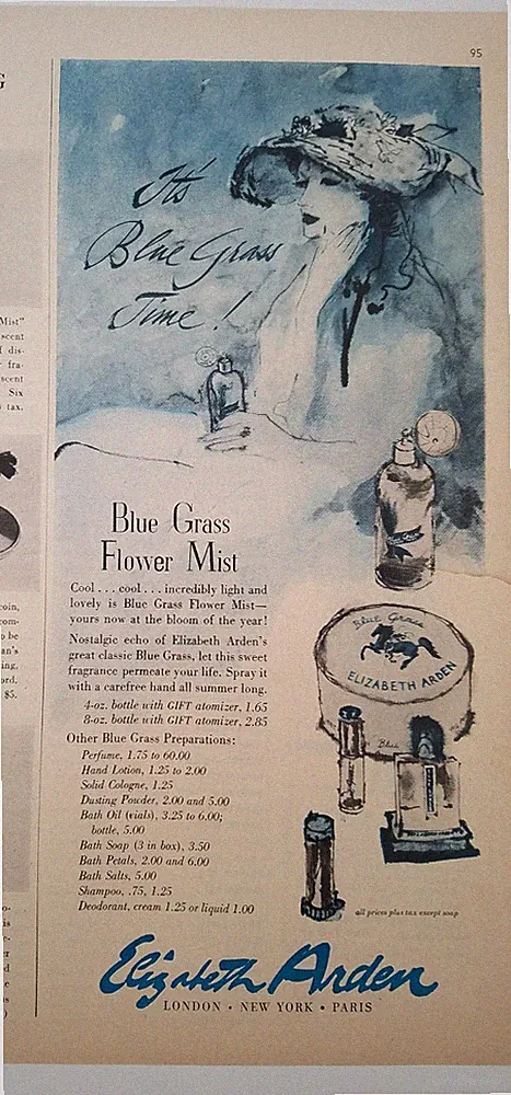 1952 Elizabeth Arden Blue Grass flower Mist perfume ad