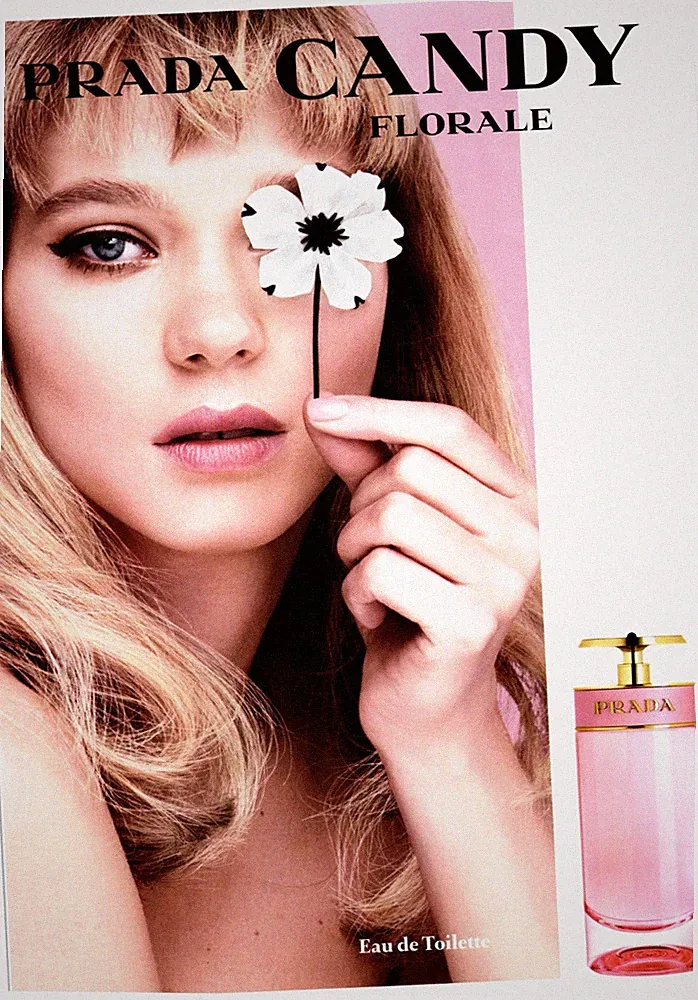2015 Prada Candy Florale Perfume Print Ad, Cute Blonde Model White Black Flower