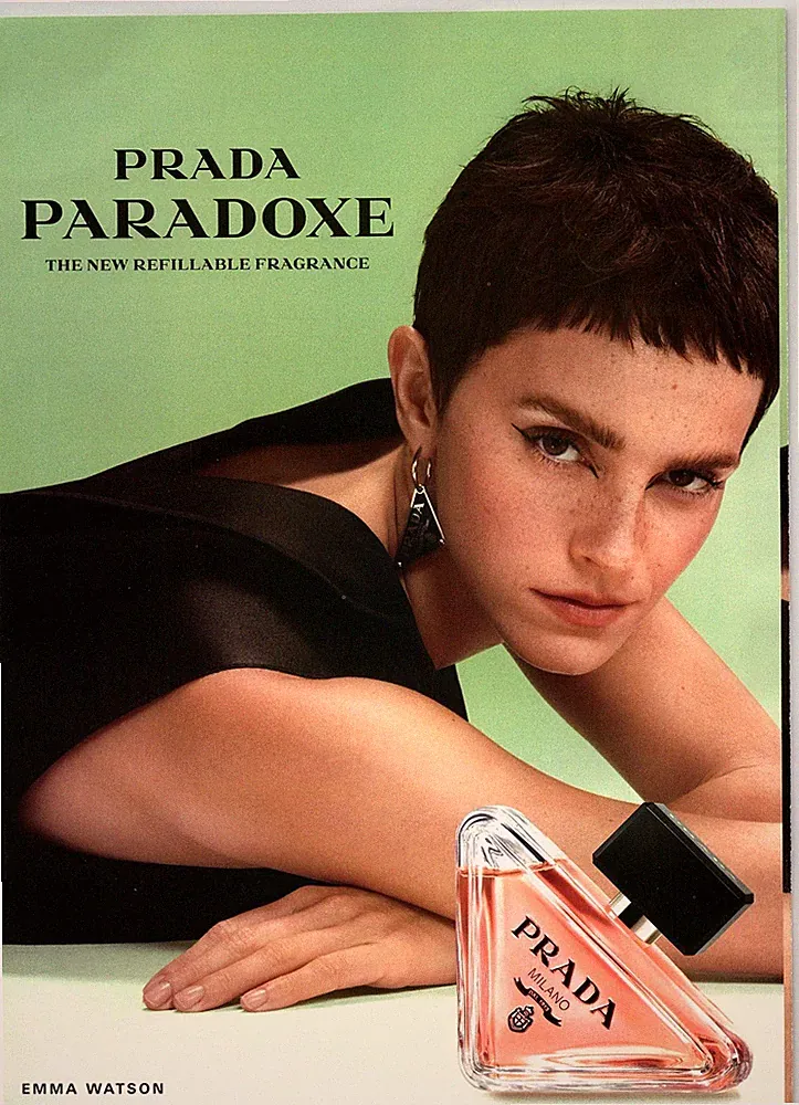 2022 Prada Paradoxe Print Ad, Emma Watson Short Hair Refillable Fragrance Bottle