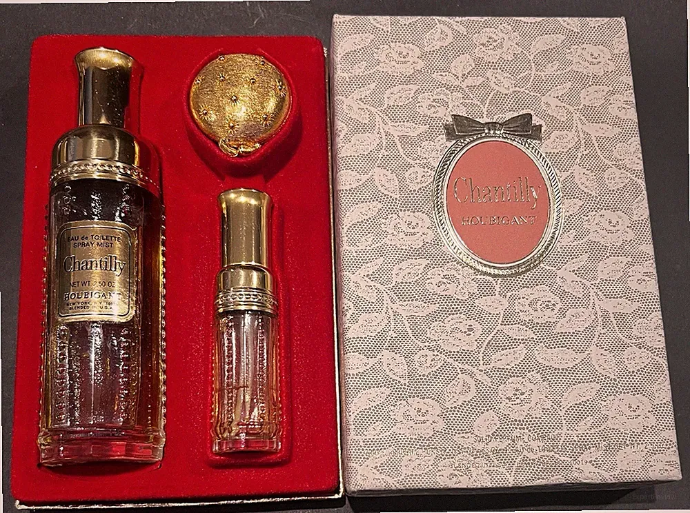 3 Pc Set Vintage Houbigant Spray Mist 2.5 Oz Chantilly Solid Perfume Compact
