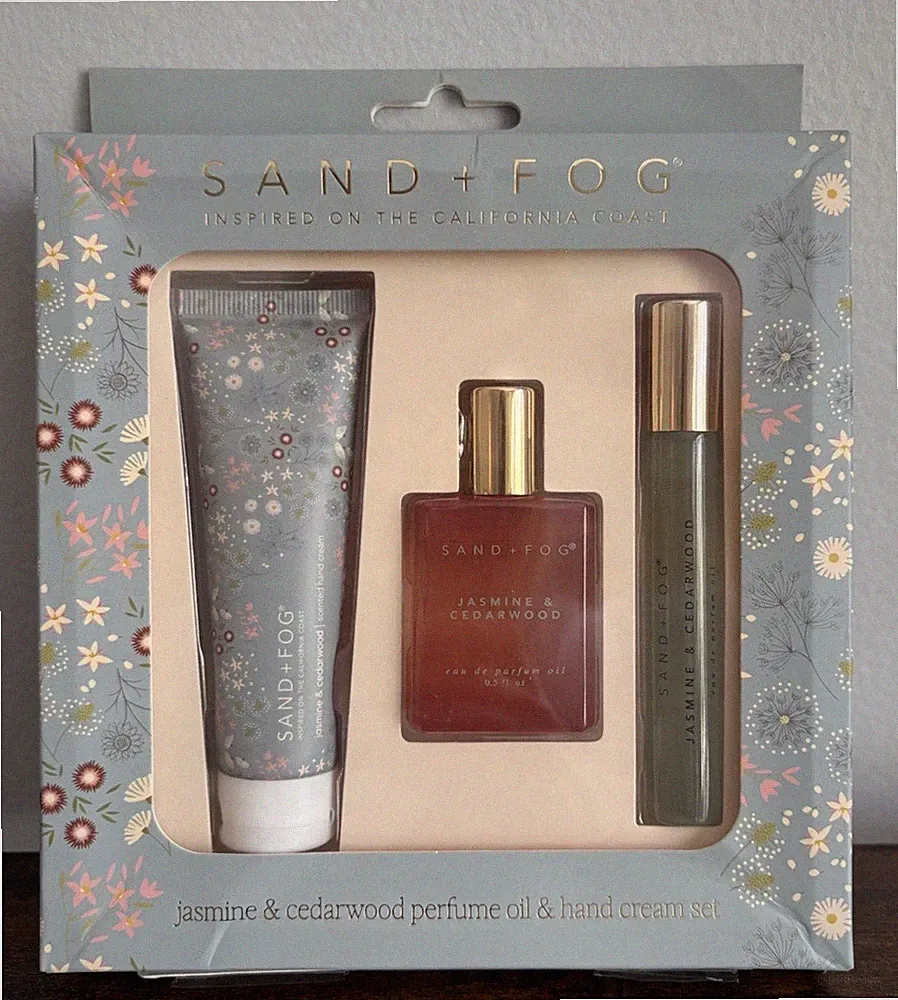 3pc Sand + Fog Jasmine & Cedar Perfume Oil Rollerballs & Hand Cream Gift Set New