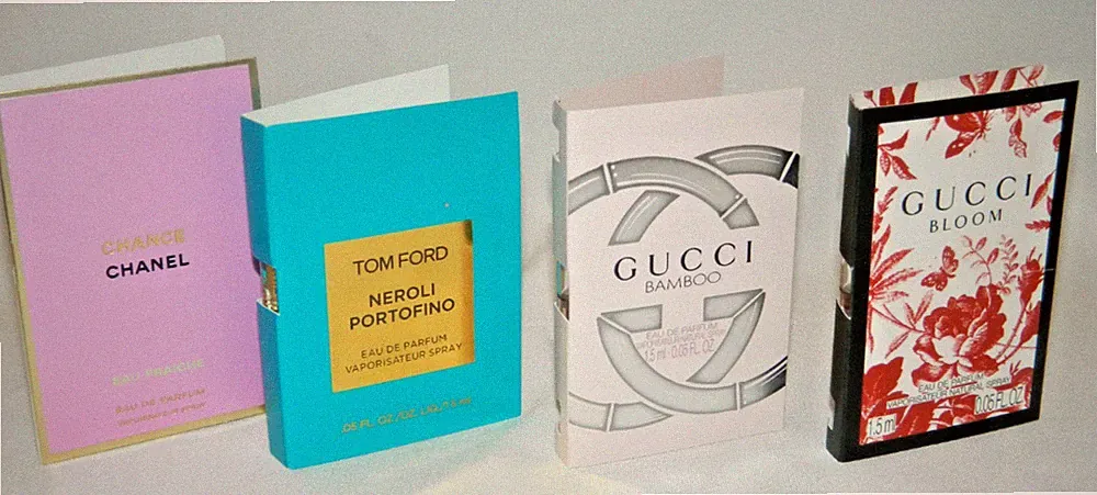 4 Designer Perfume Samples CHANEL Eau Fraiche, GUCCI Bloom, Bamboo, TOM FORD EDP
