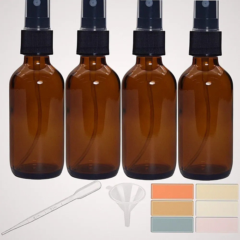 4 PACK 2 oz Amber Small Glass Spray Bottles Empty for Hair Plants Perfume - Fine