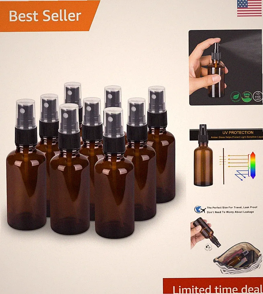 9 Pack Amber Glass 2oz Fine Mist Spray Bottles - Perfect for Travel & Essentials