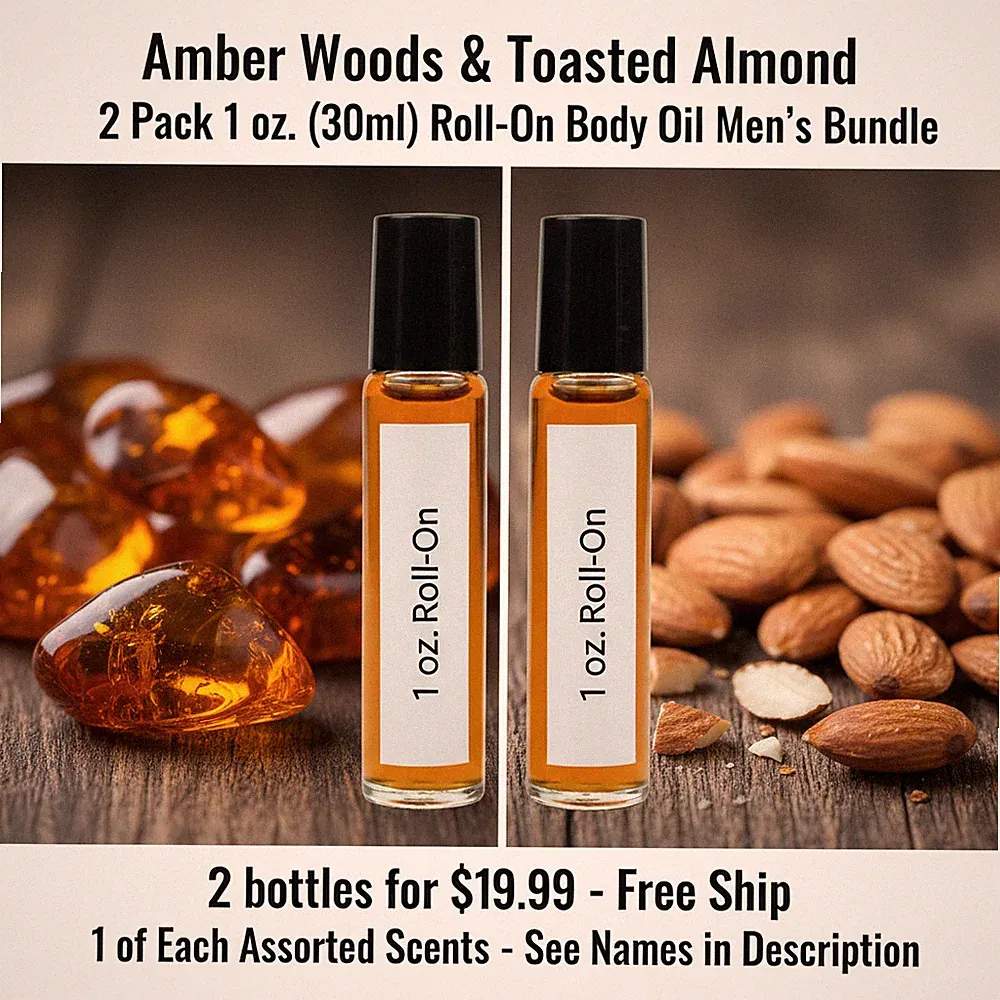 Amber Woods & Toasted Almond 2 Pack-30ML Men's Roll On Perfume Body Oil Bundle