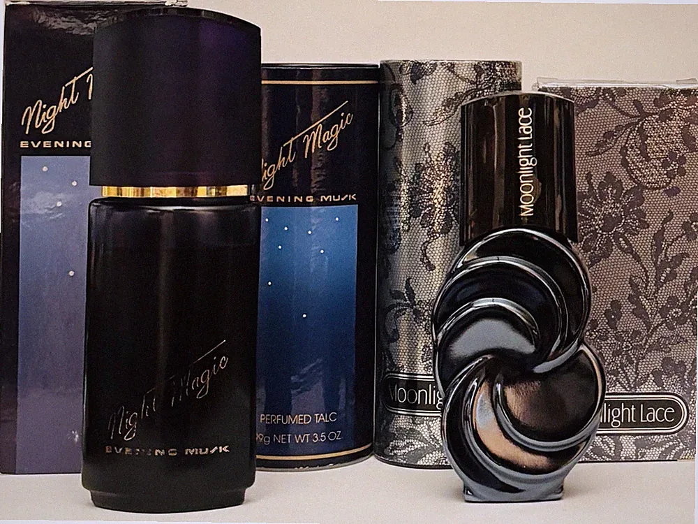 Avon Night Magic Evening Musk + Moonlight Lace cologne sprays & perfumed talcs