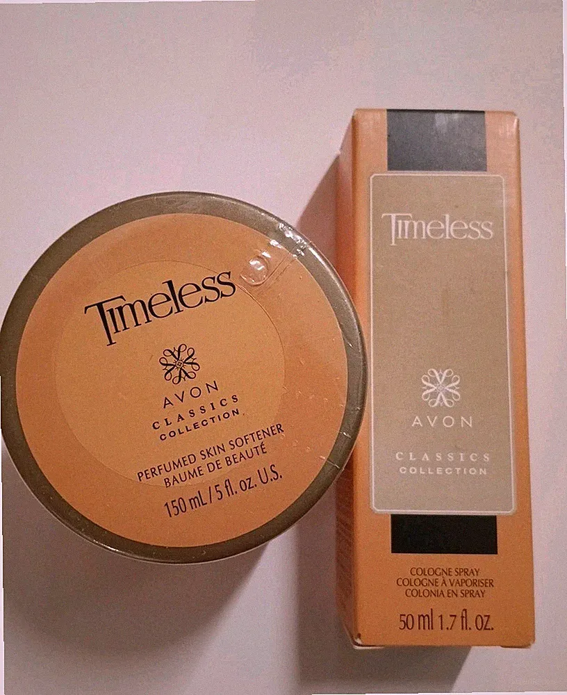 Avon Womens Fragrance Timeless Cologne Spray 1.7 oz & Skin Softner 5 Oz. Set.