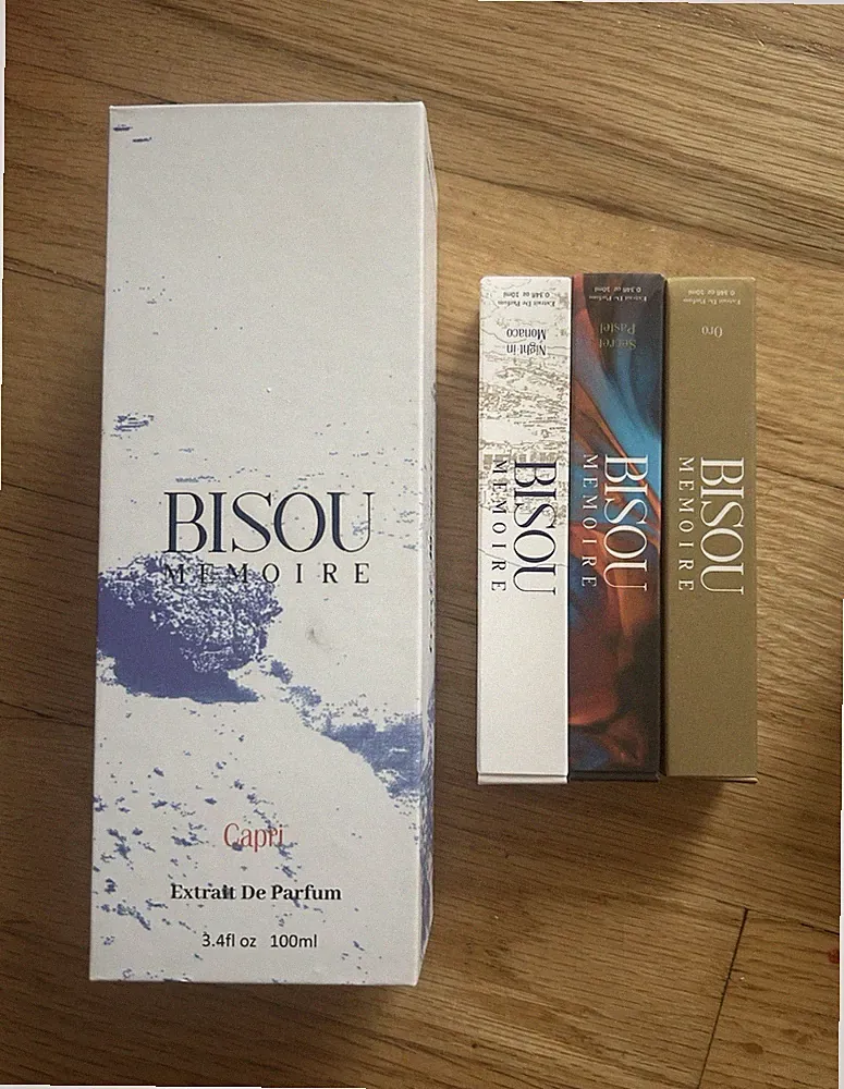 Bisou Memoire Capri Extrait De Parfum in 3.4 fl oz with 3 different travel sizes