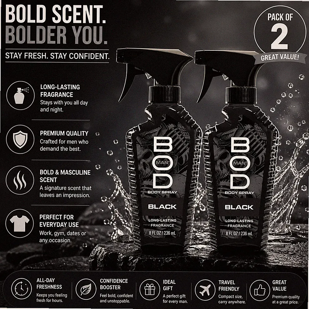 BOD Man Black Fragrance Body Spray, 8 oz PACK OF 2