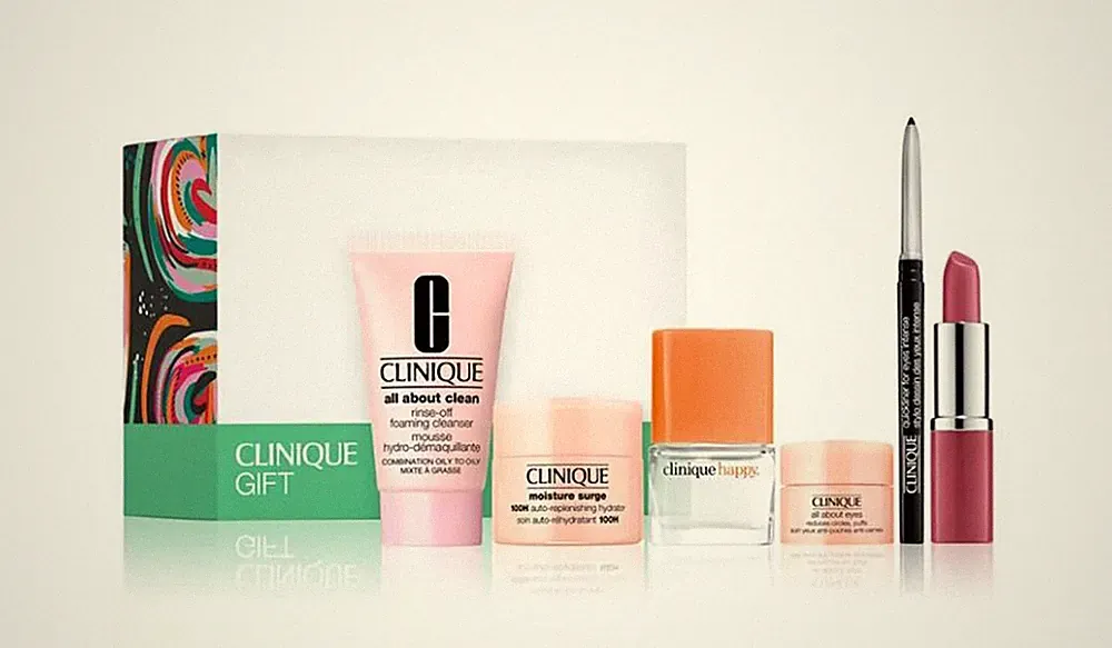 CLINIQUE 6 PC Gift Set(Perfume, Cleanser, Hydrator, Lipstick, Reduce Eye &Liner)