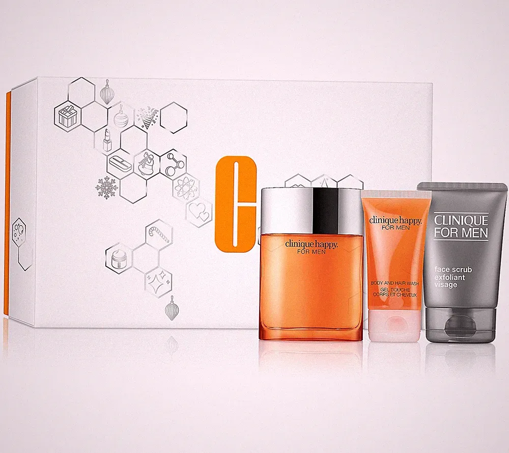 Clinique Happy For Him 3pc Gift Set Men Fragrance 3.4oz + Scrub + Body/Hair Wash