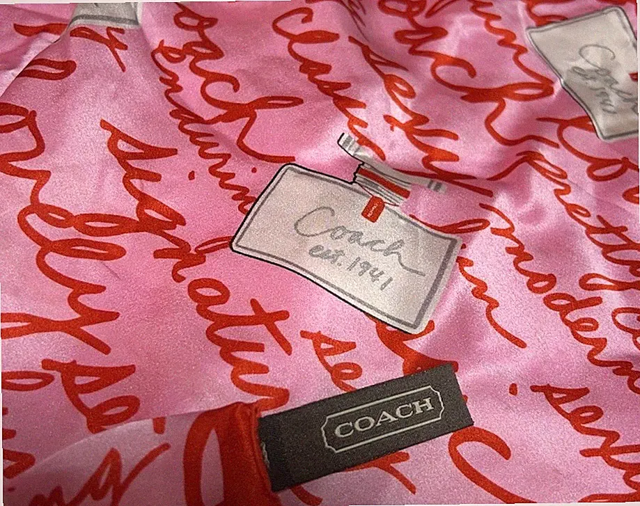 COACH Women’s 100% Silk, Pink Perfume Bottles SCARF 27” Square