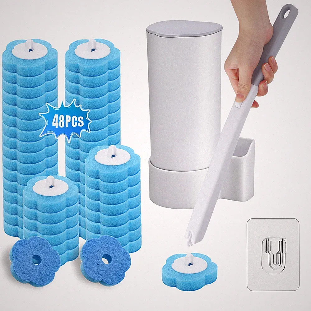 Disposable Toilet Brush With 48 Ocean Scent Replacement Heads & 1 Storage Barrel