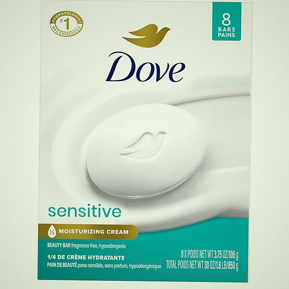 Dove Beauty Bar Soap Sensitive, 8 Bars for Sensitive Skin, Fragrance Free and