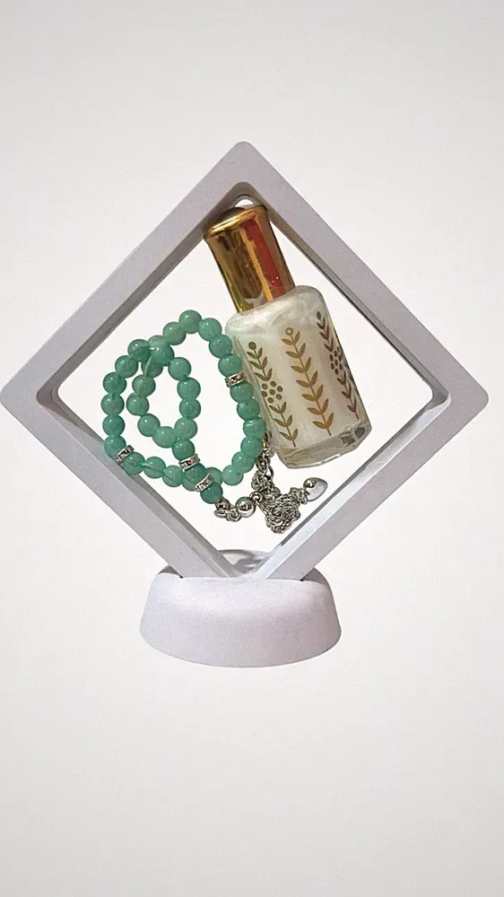 Elegant Perfume Bottle with Green Beaded Rosary Display Decor Gift Set Luxury