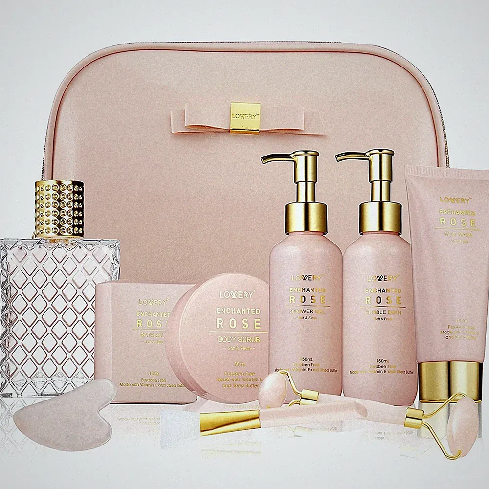 Enchanted Rose Spa Gift Basket for Women - Self Care Kit Bath Set with Minerals