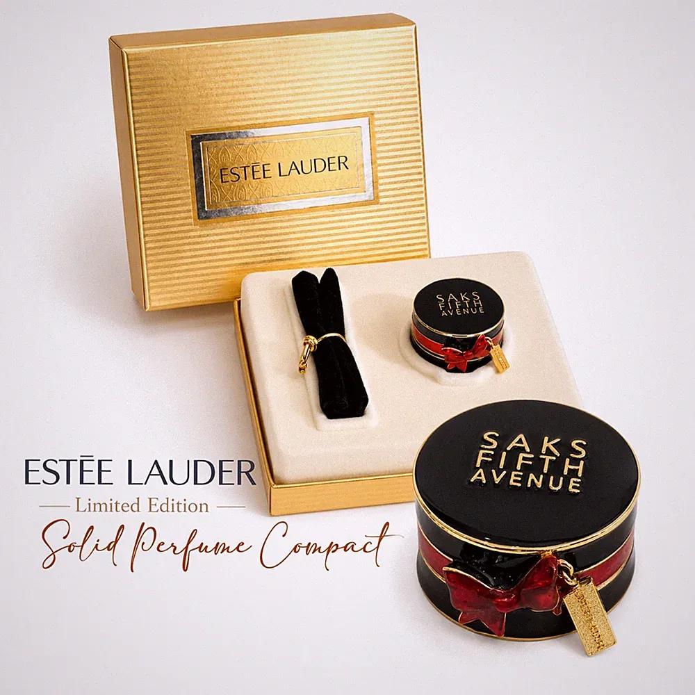 Estee Lauder Pleasures Saks Fifth Avenue Hat Box Solid Perfume Compact NIB Mint