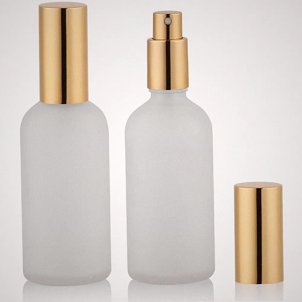 Frosted Glass Perfume Atomizer Refillable 3.4oz Fine Mist Spray Gold 2Pack