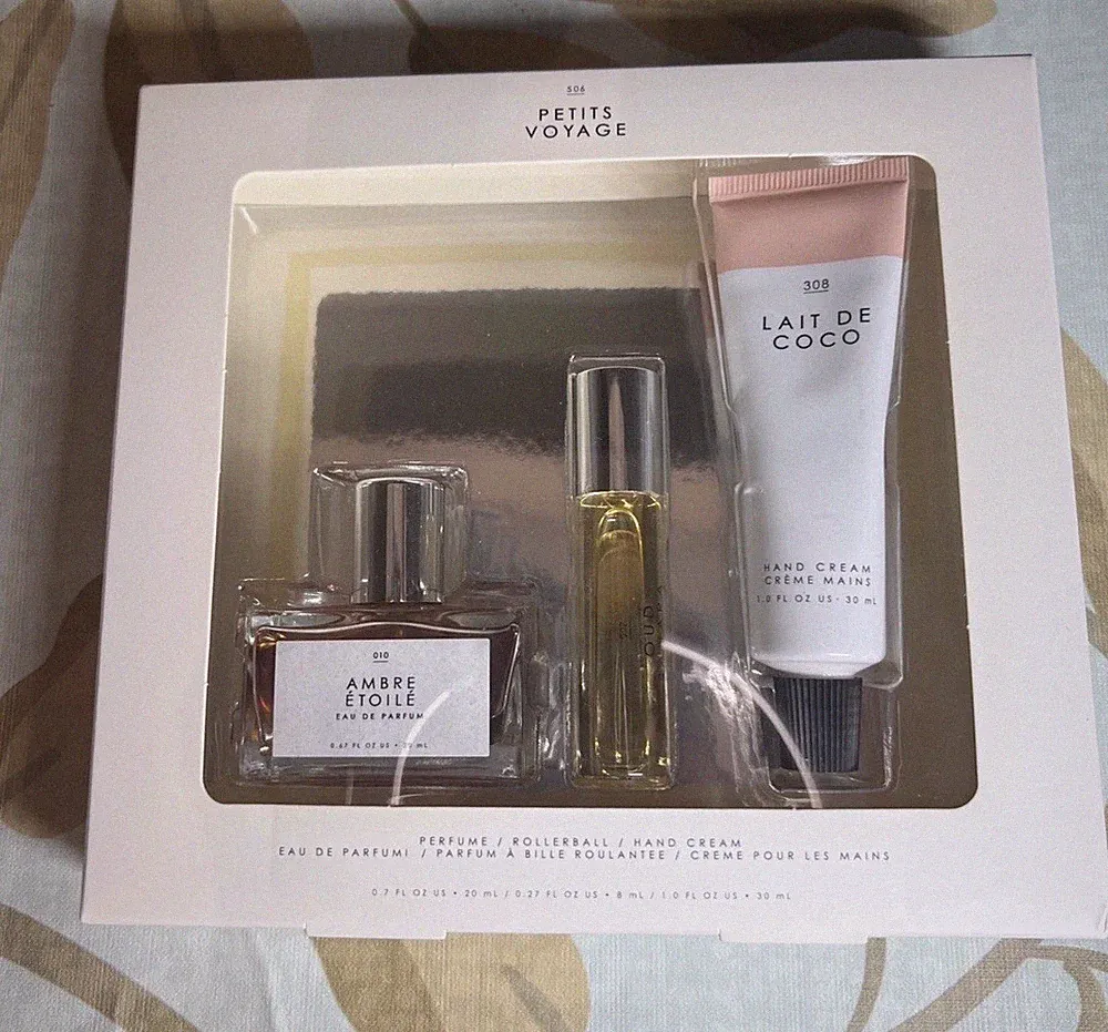 Gourmand Petits Voyage Trio Set .67 Oz Perfume Spray, Roller Ball & Cream SEALED