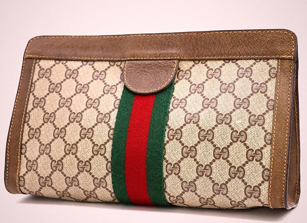GUCCI VINTAGE GG Supreme Clutch Bag Sherry PVC Brown Classic Authentic