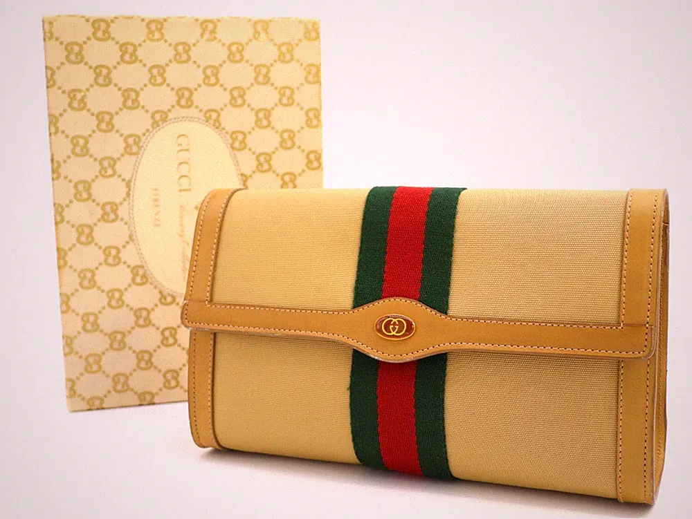 GUCCI VINTAGE Web Stripe Clutch Nylon Beige Box Rare Authentic
