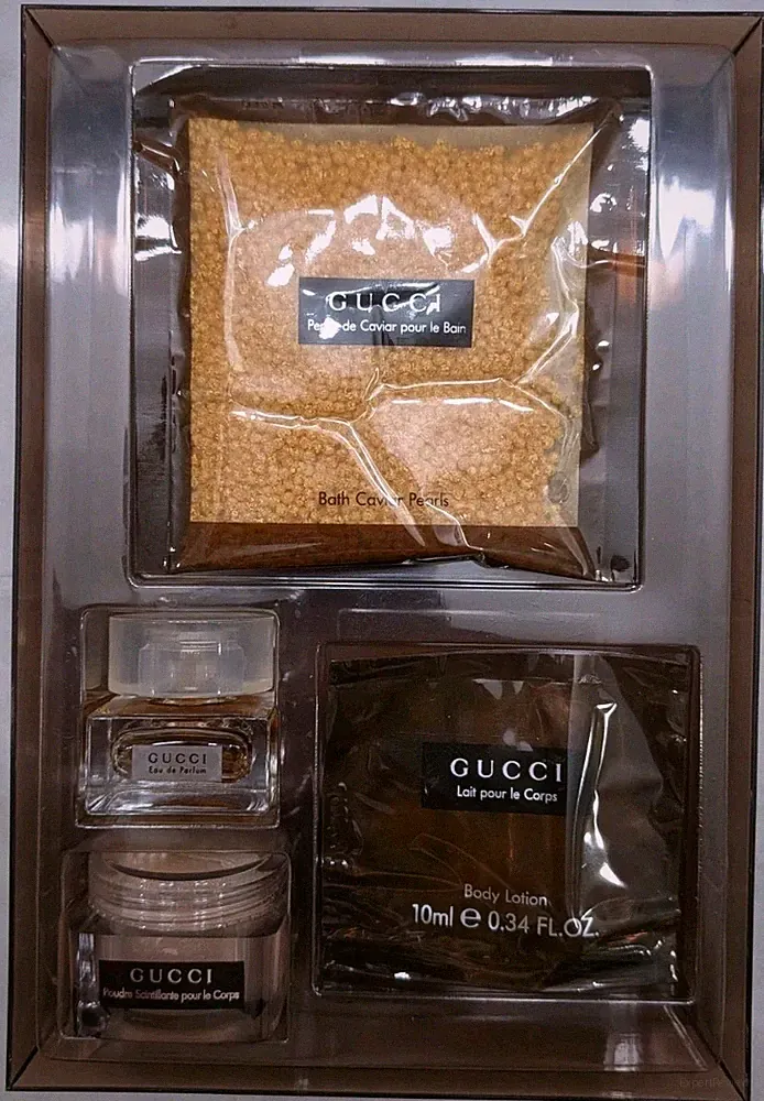 Gucci Women Perfume Gift Set .17oz , .34 Body Lotion, Bath Pearls & Powder