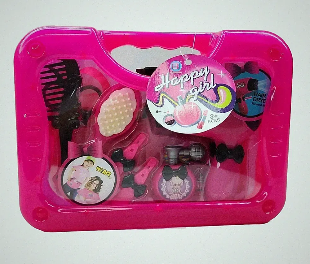 Happy Girls Pink Beauty Salon Set With Brush, Hair Dryer, Perfume, Clips, & Comb