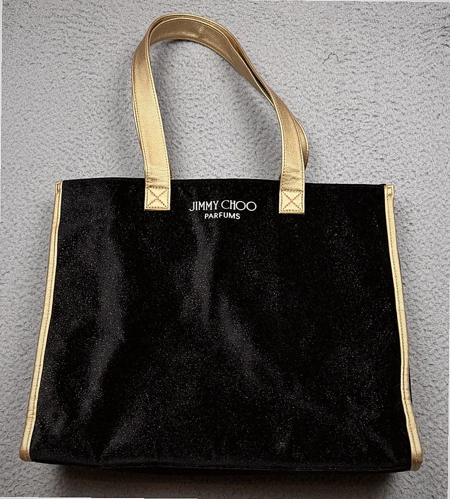 Jimmy Choo Perfume Tote Bag Weekender Shoulder Bag Black Gold Metallic NWOT