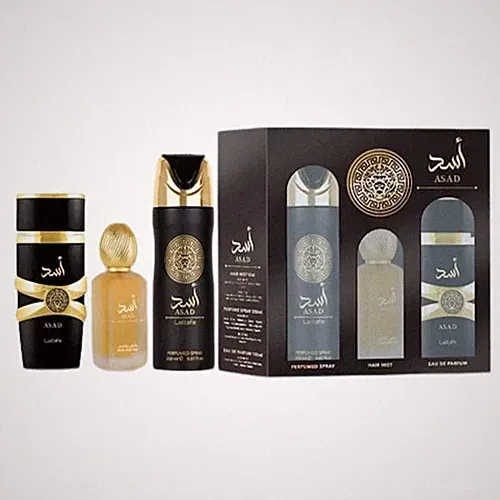 Lattafa Asad 3pc Gift Set 3.4 EDP + Hair Mist + Perfumed Spray 6.67 oz for Men