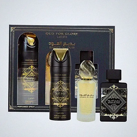 Lattafa Bade'e Al Oud for Glory 3pc 3.4oz EDP, 1.7oz Hair Mist, 6.7oz Body Spray