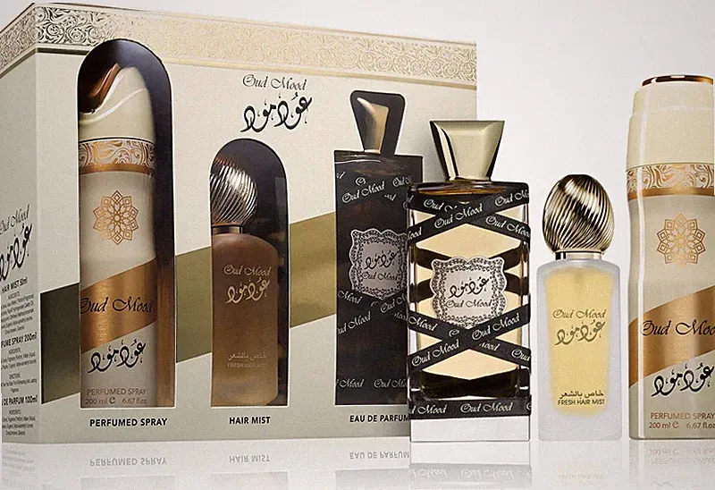 Lattafa Oud Mood 3PC Set 3.4oz EDP Spray + 1.7oz Hair Mist + 6.67oz Body Spray