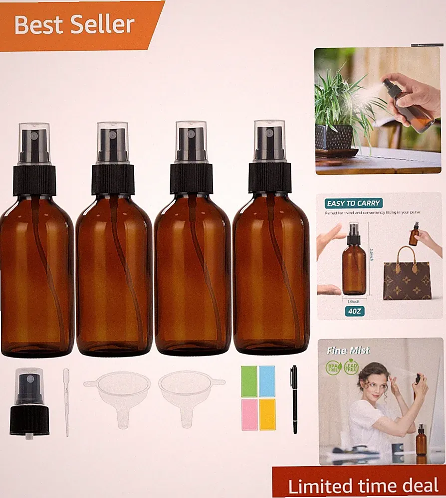 Leak-Proof Amber Glass Spray Bottles (4 Pack) for Perfumes & Cleaning Solutions