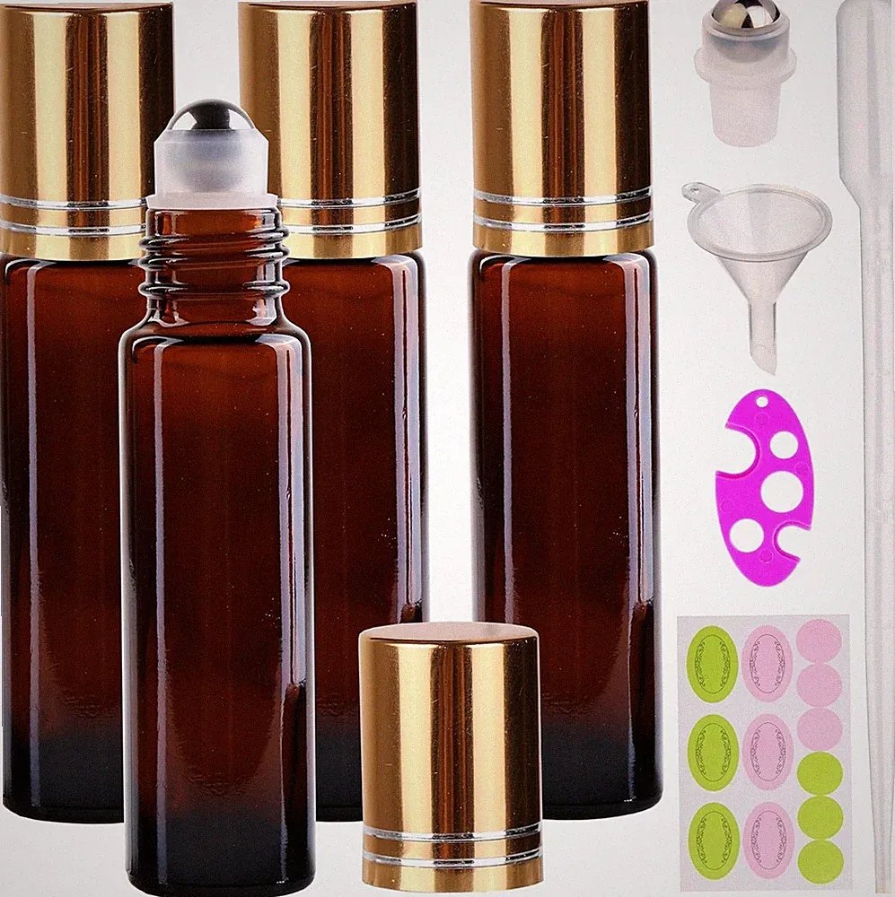 Luxury 4 Pack of 10ml Amber Glass Roller Bottles for Essential Oils & Perfumes
