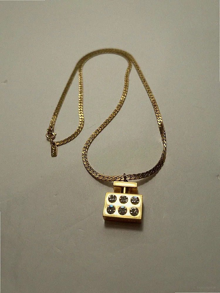 MICHAEL KORS RHINESTONE GOLDTONE 2-SIDED PERFUME BOTTLE PENDANT 3/4" W 12” L