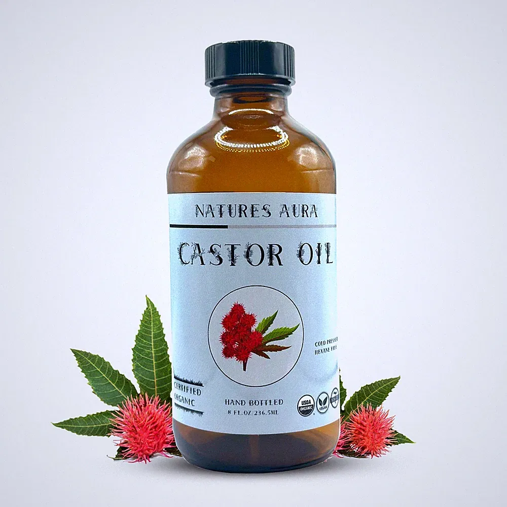 Natures Aura Organic Castor Oil - Glass (8 Oz) | Cold Pressed, Hexane Free, Pure