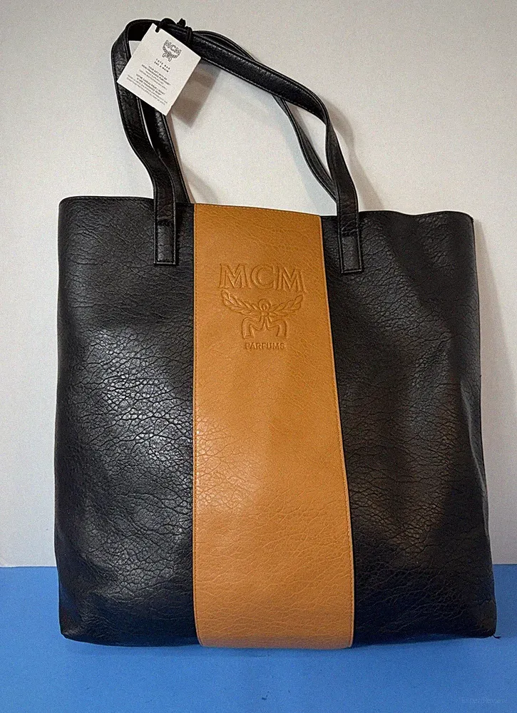 New MCM Parfums Tote Bag Black/Tan Faux Leather Embossed Logo GWP