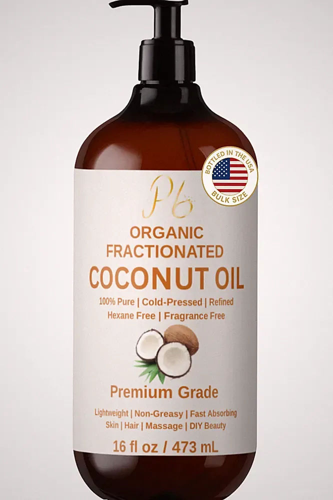 Organic Fractionated Coconut Oil 16 fl oz Glass Bottle Pump, Premium Carrier Oil