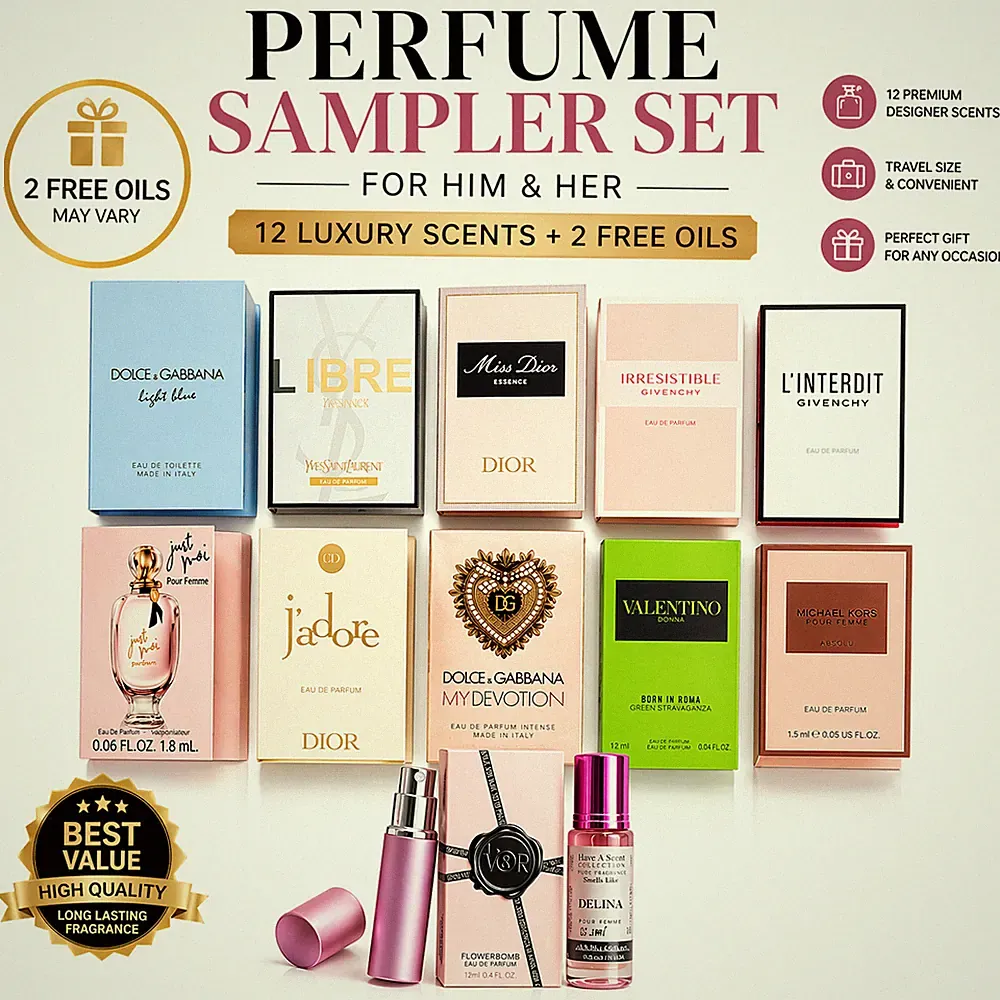 Perfume Sampler Set For Women 10–12 Designer Samples + 2 Free Oils + Atomizer