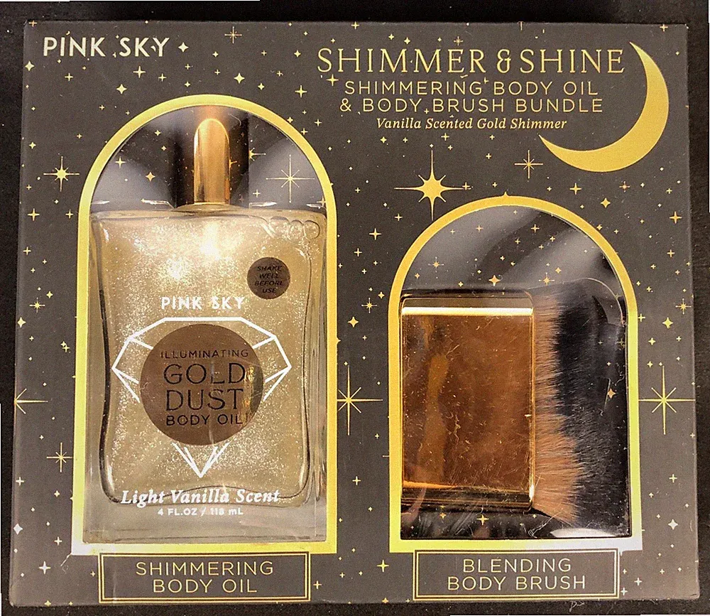 Pink Sky Illuminating Gold Dust Body Oil Light Vanilla Scent 4 oz & Brush Set