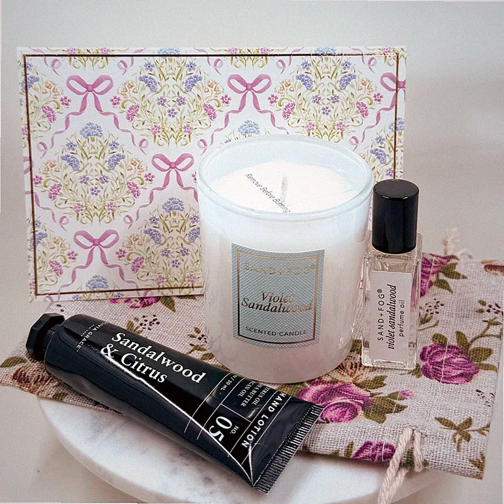 Sand + Fog Violet Sandalwood 5pc Gift Set Candle, Perfume Rollerball, Hand Cream