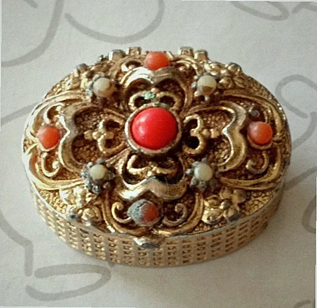 Solid Perfume Box Oval Orange Gold Tone Floral Filigree
