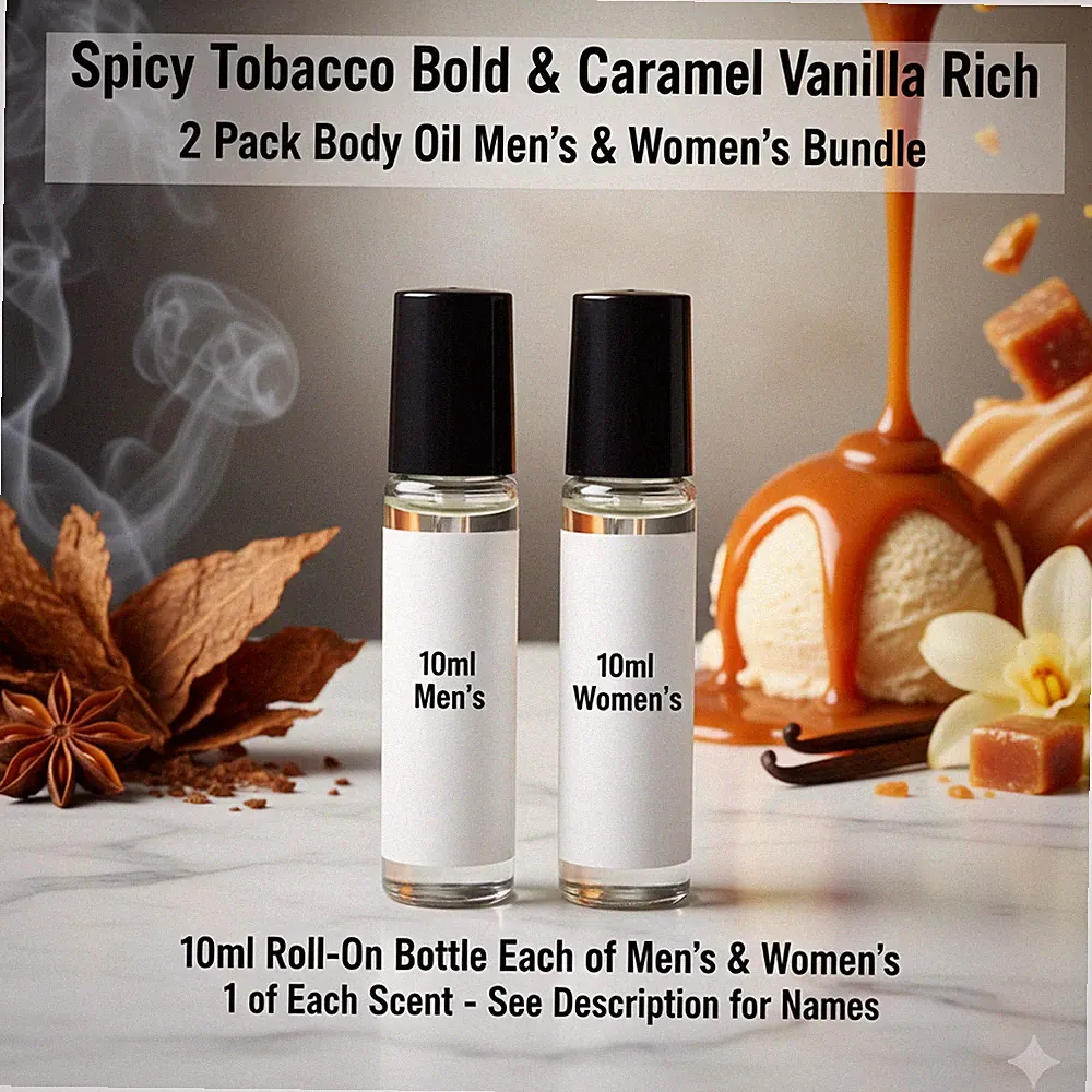 Spicy Tobacco Bold & Caramel Vanilla 2 Pack 10ML RollOn Perfume Body Oil Bundle