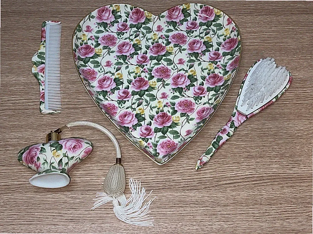 Victoria’s Garden Vanity Set Brush Comb Perfume Bottle Floral Design Gold Trim
