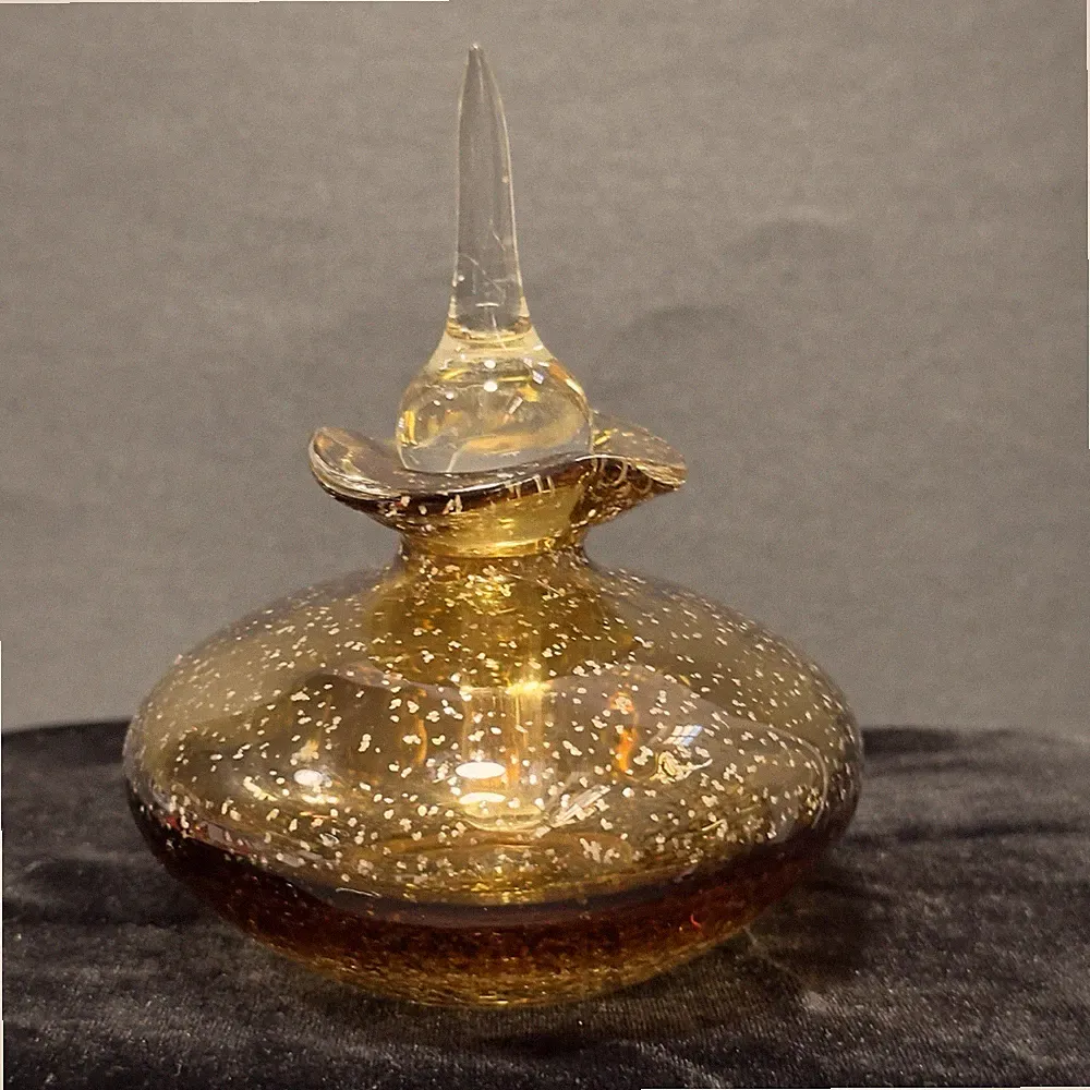 Vintage Art Glass Perfume Bottle Amber, Brown Line Flecks Wavy Top Clear Stopper