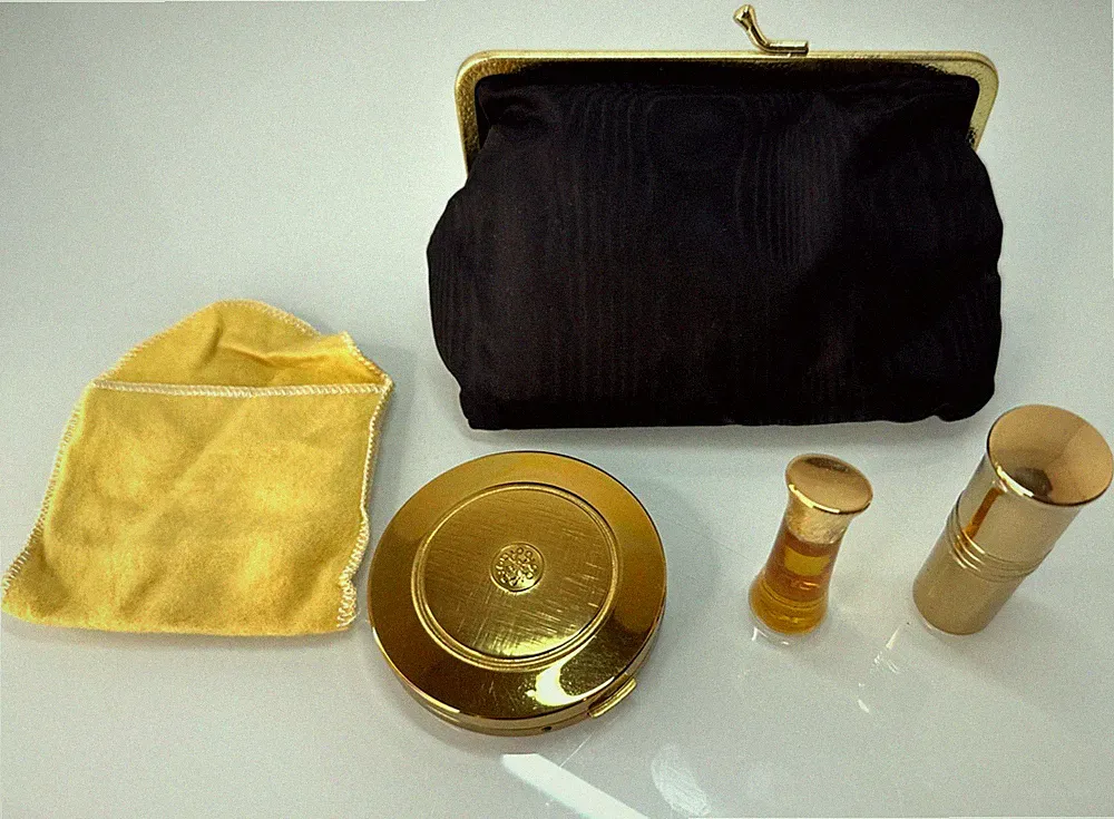 Vintage Avon Persian Wood Cologne Set Compact Lipstick Gold Tone Case 1960s
