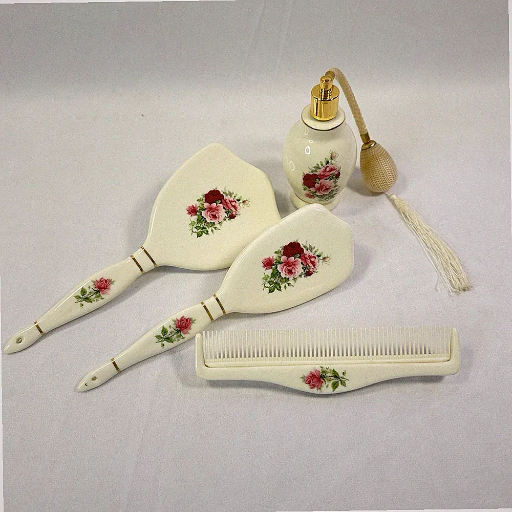 Vintage Rose Design Ceramic Dresser Vanity Perfume Bottle Brush Comb & Mirror
