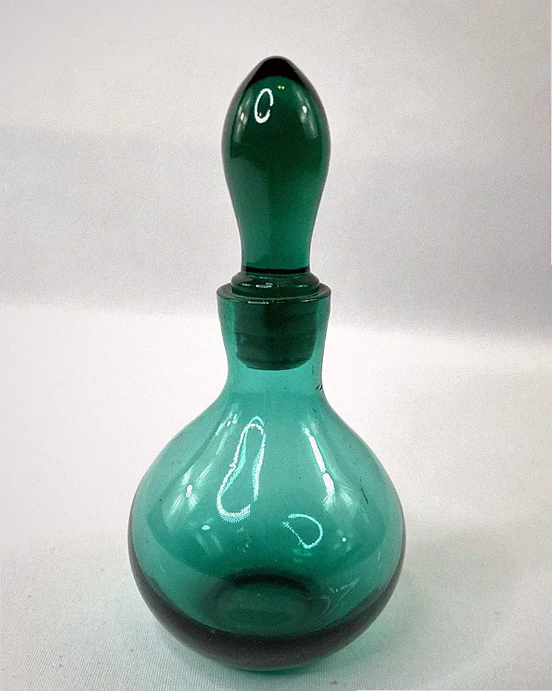 Vtg Art Glass Perfume Bottle Hand Blown Teal Genie Decanter Vase Stopper MCM
